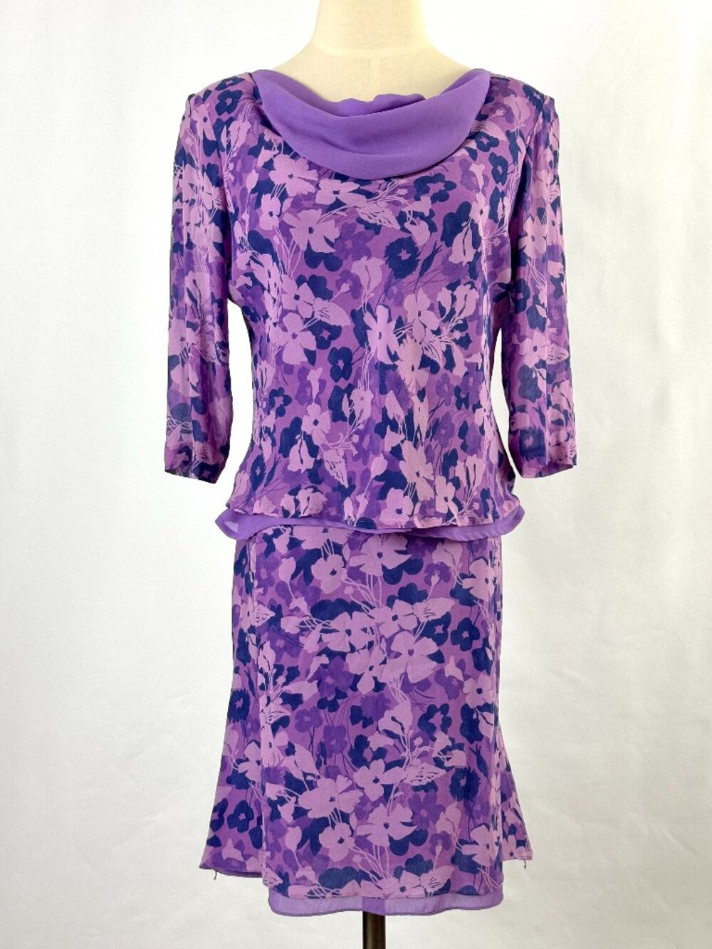 Vtg Y2K Purple Floral 100% Silk Co-ord Matching Set Top Skirt Cowl Neck Feminine